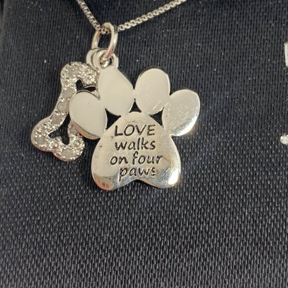 Love Walks on Four Paws Dog Bone + Paw 16" S/S Necklace Diamond 1/10 ct NWT $150 - Picture 2 of 5
